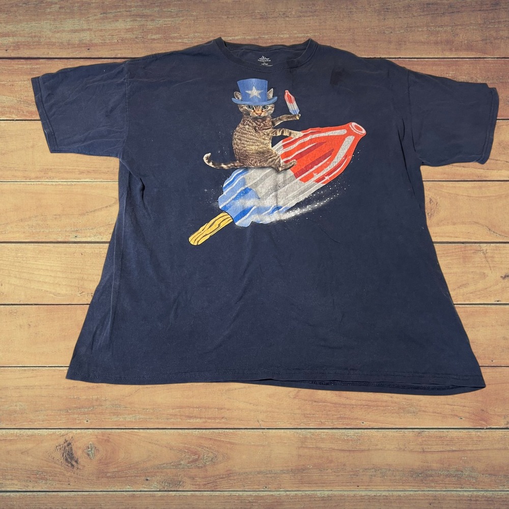 Flawed Patriotic Cat Riding Rocket Popsicle Graphic T-Shirt‎ Navy Blue XL Mens